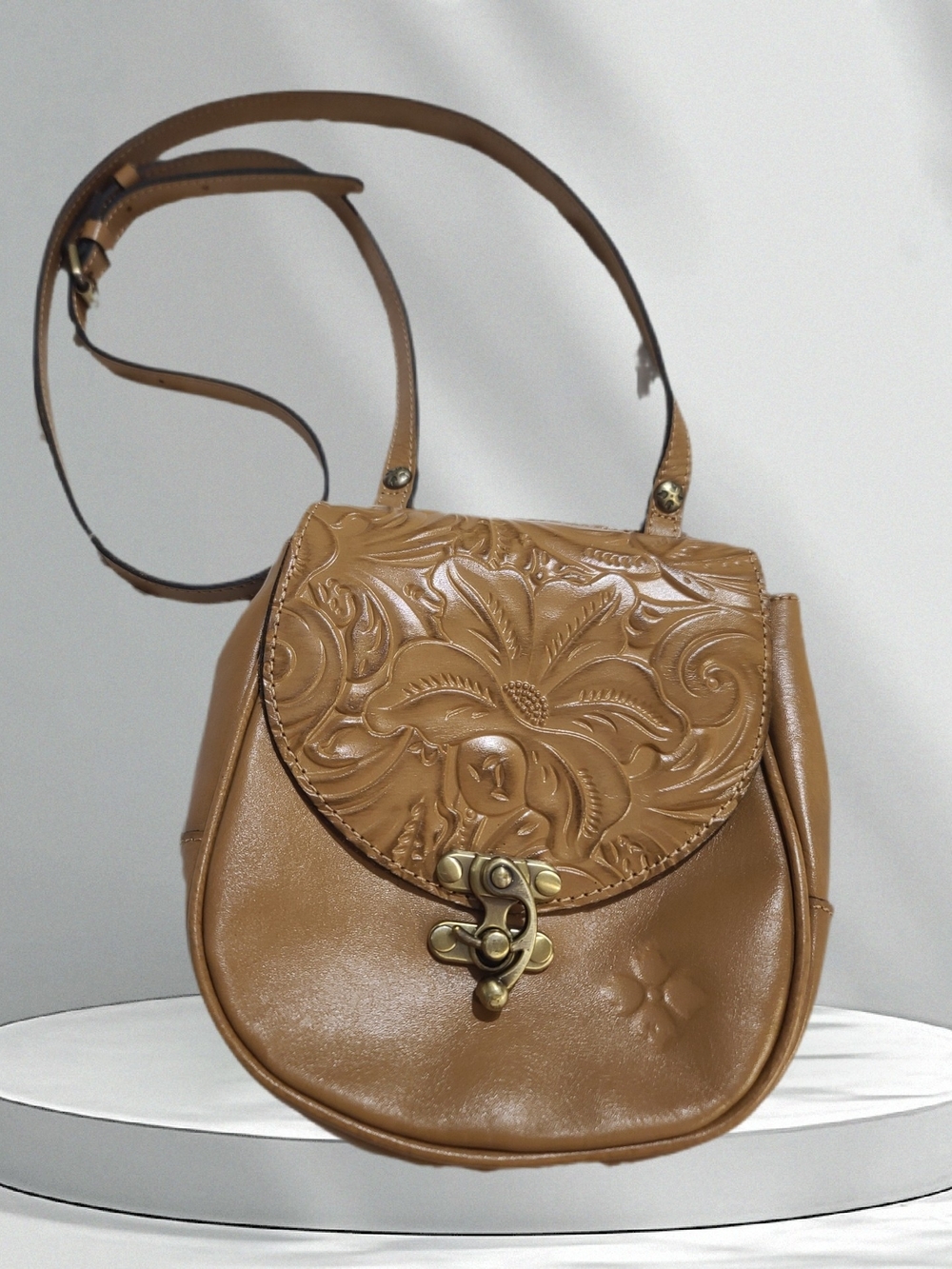 Patricia Nash Lanza Tan Leather Floral Embossed Crossbody Saddle Bag